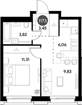 Планировка: Евродвушка 34,5 м² в ЖК «ЭВО»