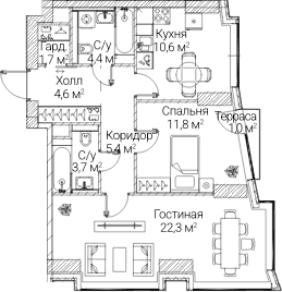 Планировка: 2-комнатная квартира 64 м² в ЖК «СЕЗАР БУДУЩЕЕ»