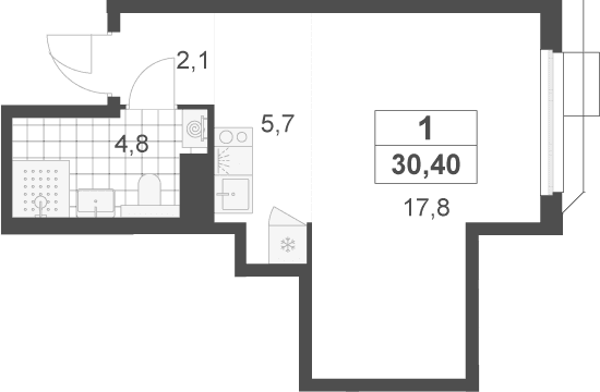 Планировка: Студия 30,4 м² в ЖК «Скандинавия»