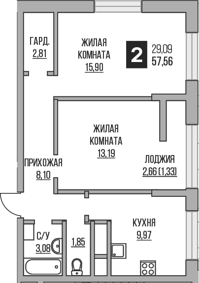 Планировка: 2-комнатная квартира 54,9 м² в ЖК «Гранель Пехра»