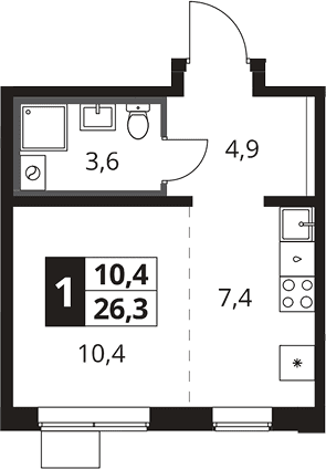 Планировка: Студия 26,3 м² в ЖК «1-й Южный»