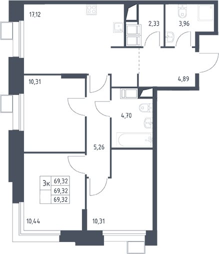 Планировка: Квартира евро-4 69,3 м² в ЖК «Тропарево Парк»