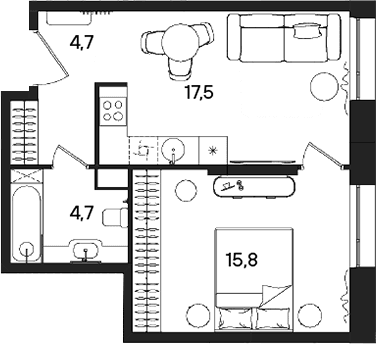 Планировка: Евродвушка 42,7 м² в ЖК «СТОУН Райз»