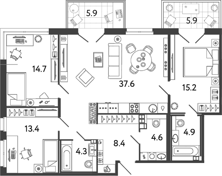 Планировка: Квартира евро-4 103,1 м² в ЖК «Репин»