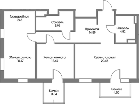 Планировка: Евротрёшка 78,2 м² в ЖК «Рощино Резиденс»