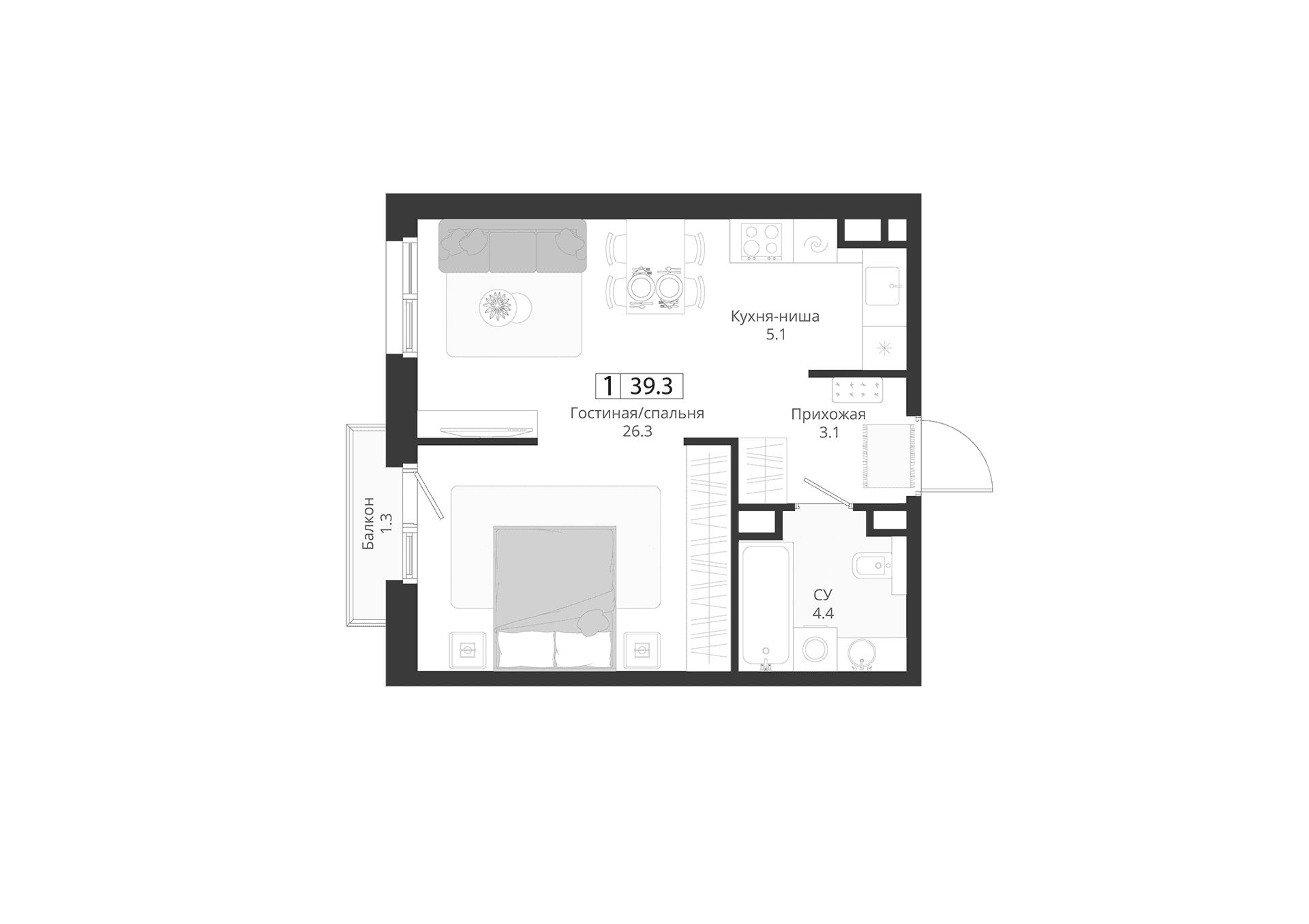 Планировка: Студия 38,9 м² в ЖК «ГРЭЙ»