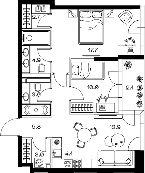 Планировка: Евротрёшка 65,1 м² в ЖК «SHIFT»