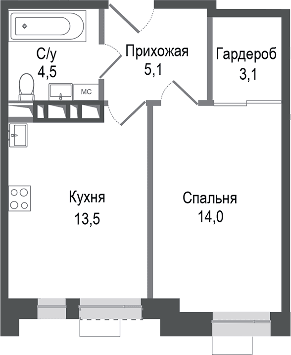 Планировка: 1-комнатная квартира 40,2 м² в ЖК «Киноквартал»