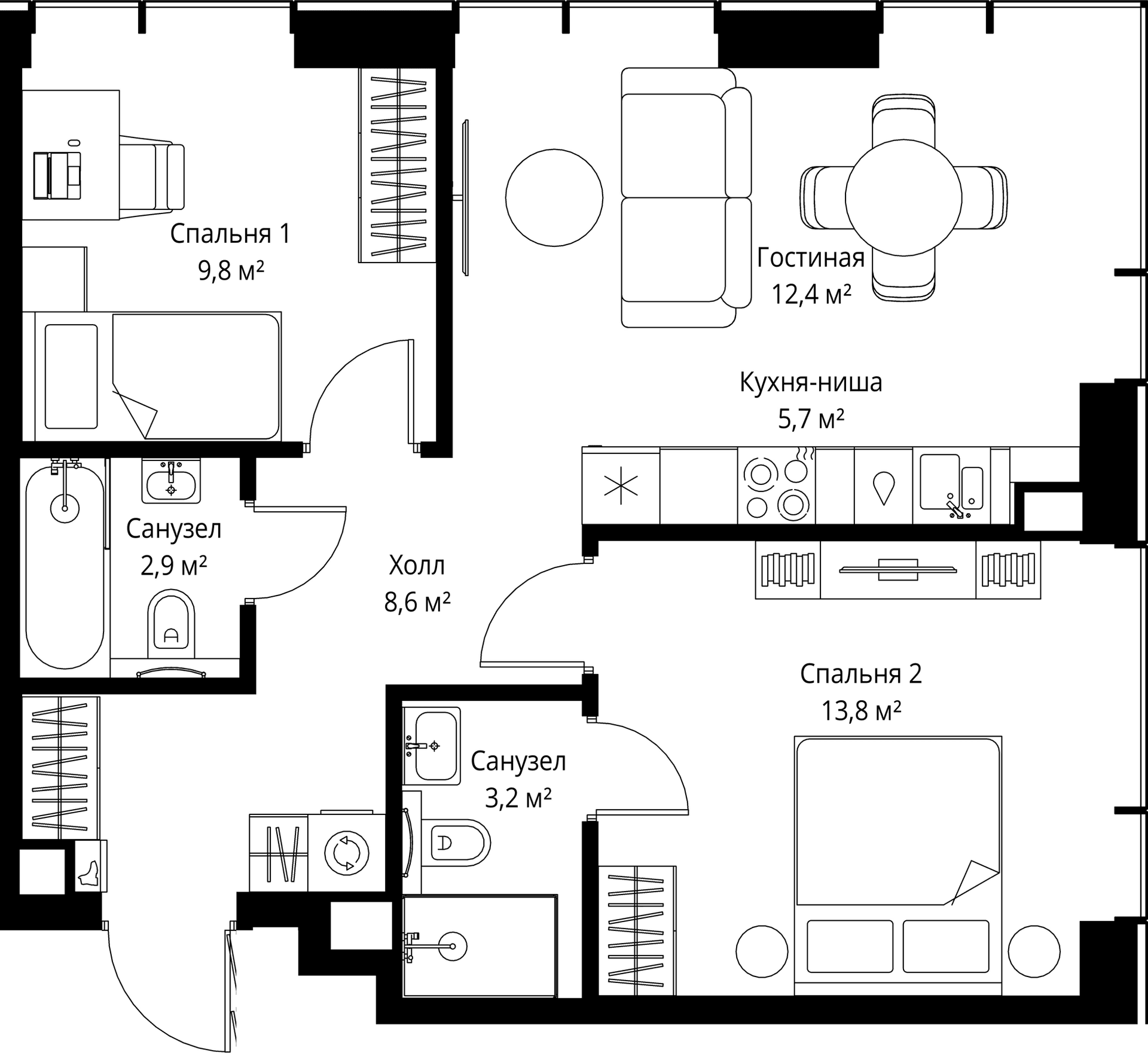 Планировка: Евротрёшка 56,4 м² в ЖК «Веер»