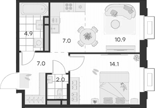 Планировка: Евродвушка 45,9 м² в ЖК «Михалевич»