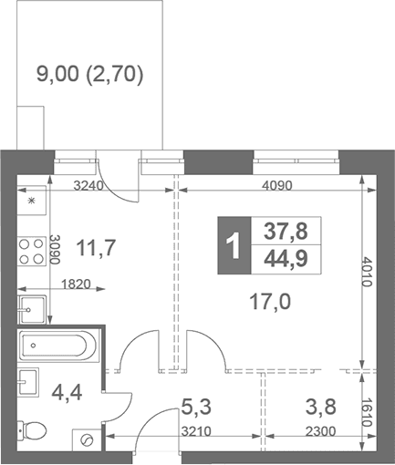 Планировка: 1-комнатная квартира 42,2 м² в ЖК «Дубровицы Клаб»