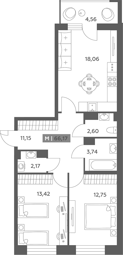 Планировка: Евротрёшка 63,9 м² в ЖК «Аквилон РекаПарк»