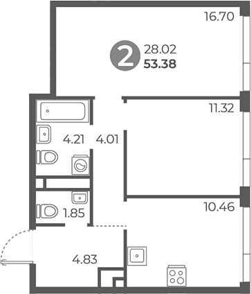 Планировка: 2-комнатная квартира 53,4 м² в ЖК «Нижегородская от Гранель»
