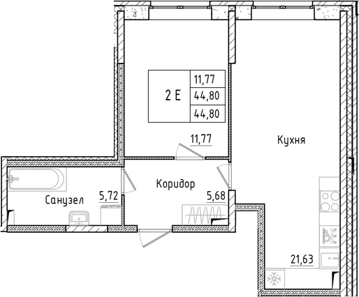 Планировка: Евродвушка 44,8 м² в ЖК «Аквилон РекаПарк»