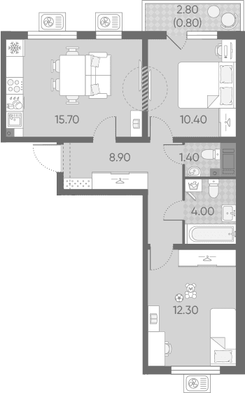 Планировка: Евротрёшка 52,7 м² в ЖК «Ручьи 2»