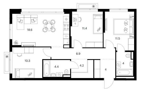 Планировка: 3-комнатная квартира 75,3 м² в ЖК «Зеленый парк»