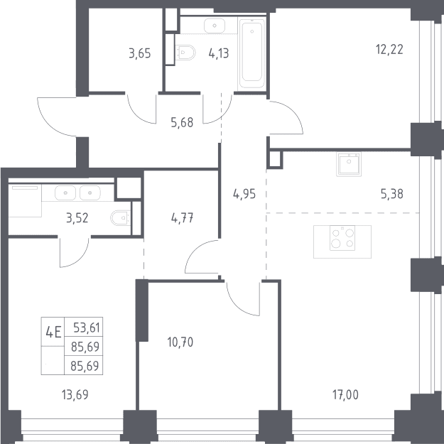 Планировка: Квартира евро-4 85,7 м² в ЖК «НОВА»