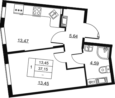 Планировка: 1-комнатная квартира 37,2 м² в ЖК «Высота. Всеволожск»