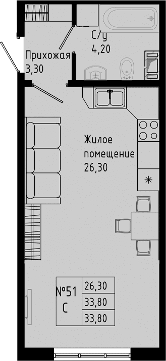Планировка: Студия 33,8 м² в ЖК «PIXEL»