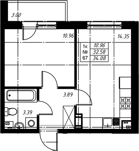Планировка: Евродвушка 32,7 м² в ЖК «Огоньки»