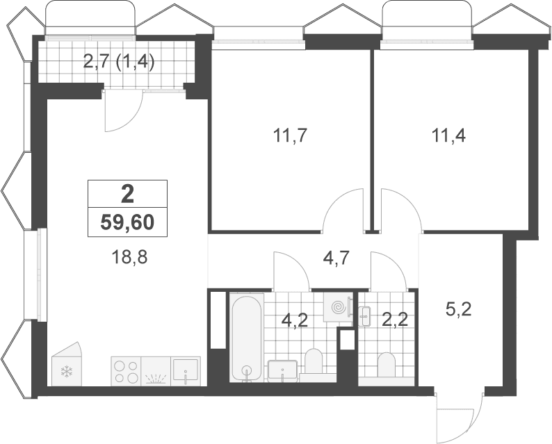 Планировка: Евротрёшка 58,2 м² в ЖК «Деснаречье»