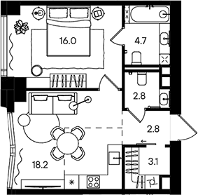 Планировка: Евродвушка 47,6 м² в ЖК «СТОУН Блик»