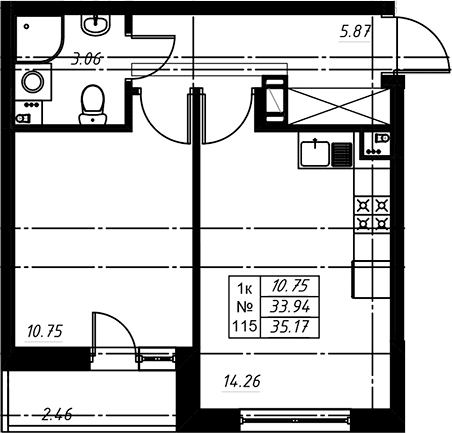 Планировка: Евродвушка 34,1 м² в ЖК «Огоньки»
