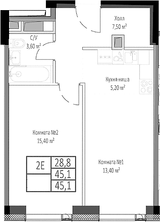 Планировка: Евродвушка 45,1 м² в ЖК «Мираполис»