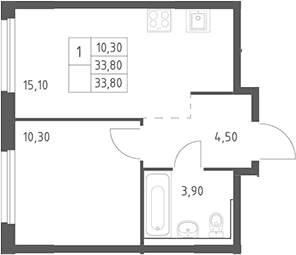Планировка: Евродвушка 33,8 м² в ЖК «Химки Парк»