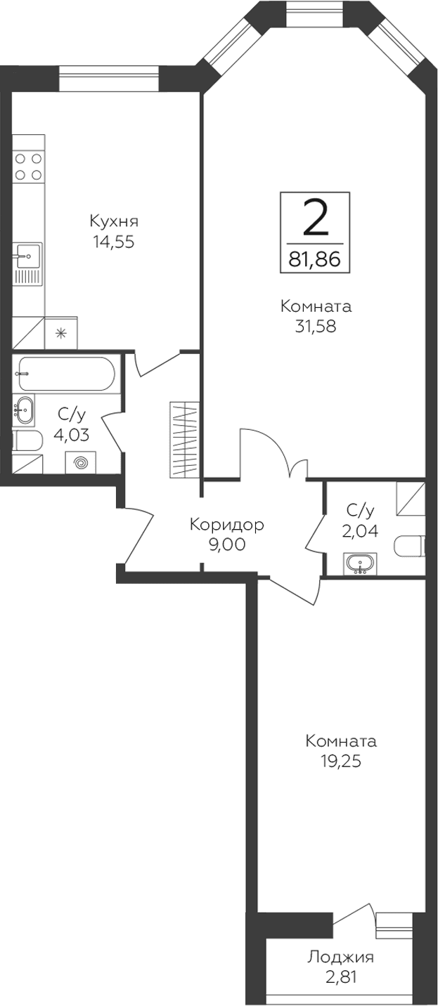 Планировка: 2-комнатная квартира 80,5 м² в ЖК «Пахра Сити»
