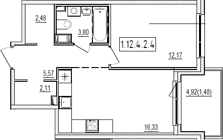 Планировка: Евродвушка 42,5 м² в ЖК «Новый Ямбург»