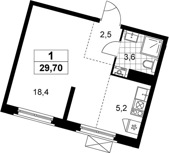 Планировка: Студия 29,7 м² в ЖК «Прокшино»