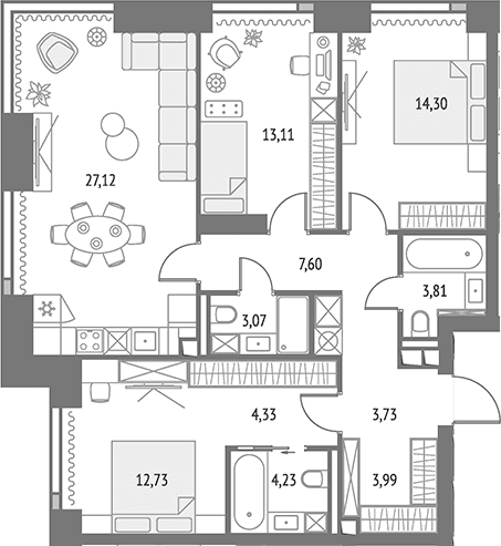 Планировка: Квартира евро-4 98 м² в ЖК «Апсайд Тауэрс»