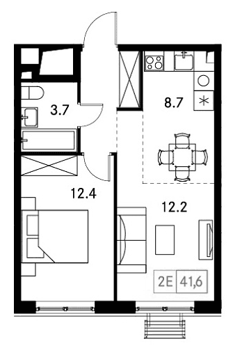 Планировка: Евродвушка 41,6 м² в ЖК «Новый Зеленоград»