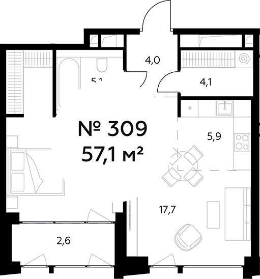 Планировка: Евродвушка 54,5 м² в ЖК «Монблан»