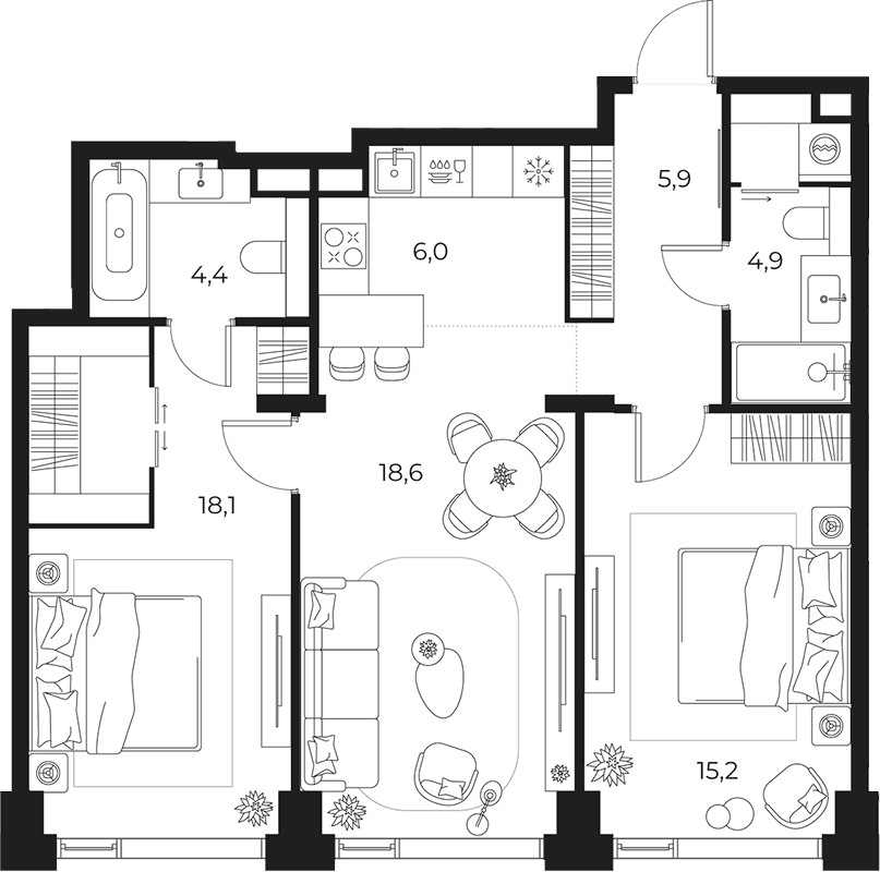 Планировка: Евротрёшка 73,1 м² в ЖК «МАСТЕРС»