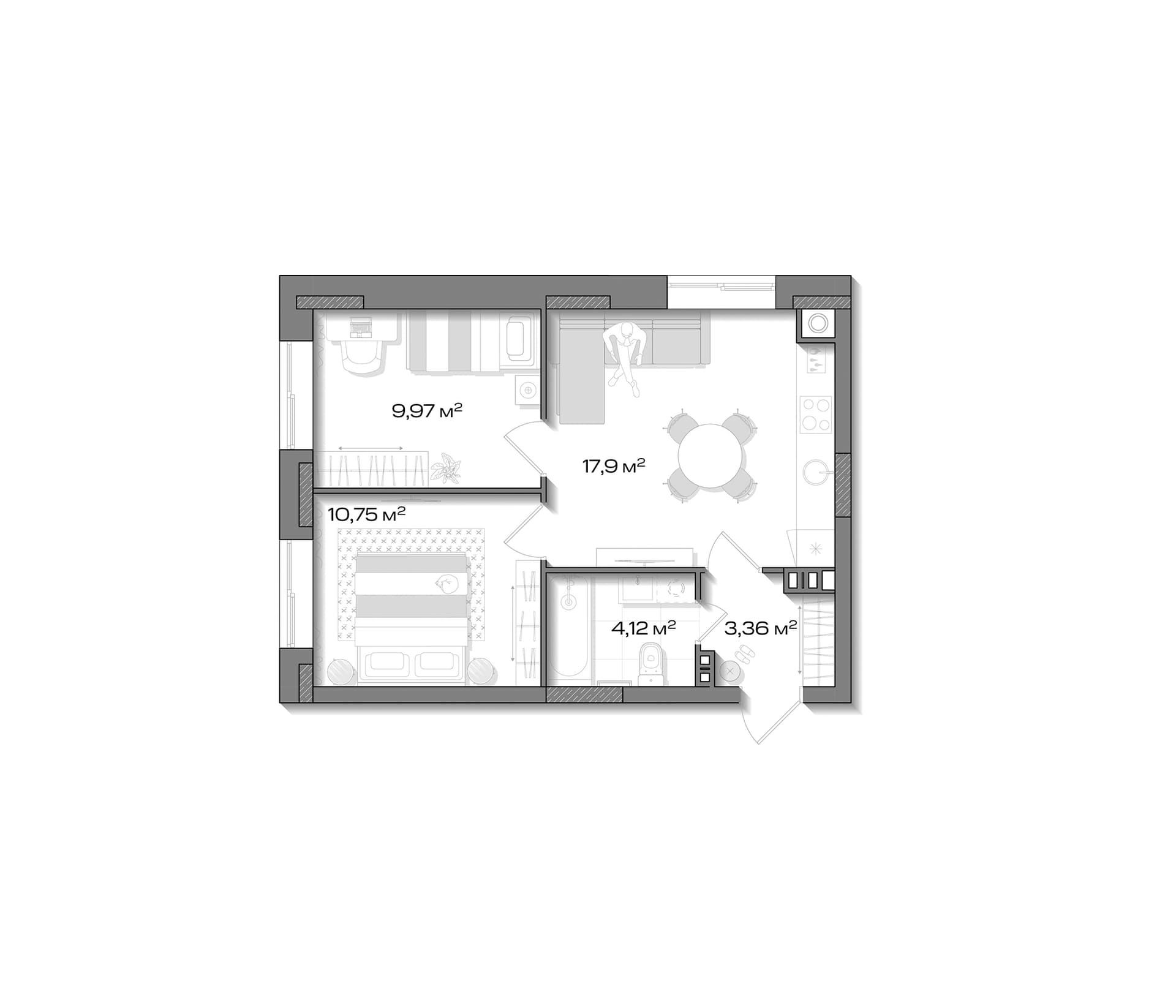 Планировка: Евротрёшка 46,1 м² в ЖК «Аксиома.Возрождение»