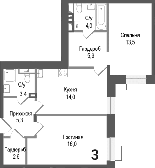 Планировка: 2-комнатная квартира 64,7 м² в ЖК «Киноквартал»