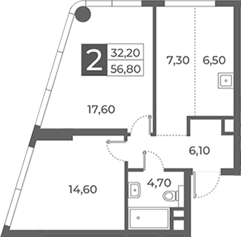 Планировка: 2-комнатная квартира 56,8 м² в ЖК «Даниловский от Гранель»
