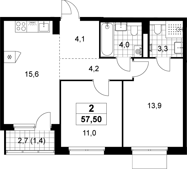 Планировка: Евротрёшка 56,1 м² в ЖК «Деснаречье»