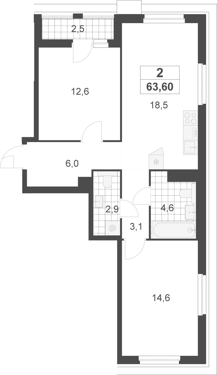 Планировка: Евротрёшка 62,4 м² в ЖК «Деснаречье»