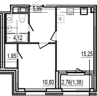 Планировка: 1-комнатная квартира 38,1 м² в ЖК «Оптимист»