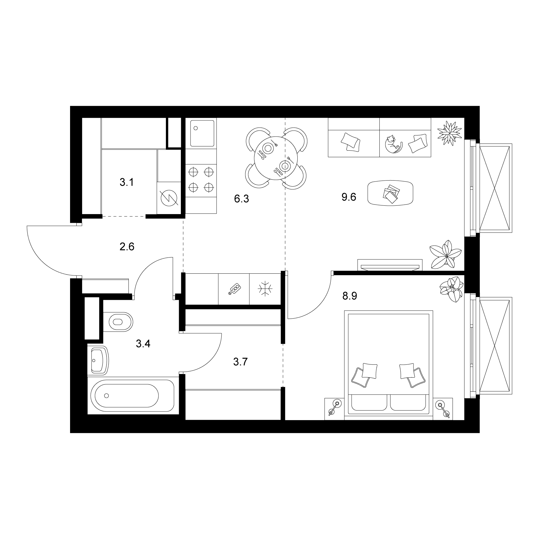 Планировка: 1-комнатная квартира 37,6 м² в ЖК «2-й Иртышский»