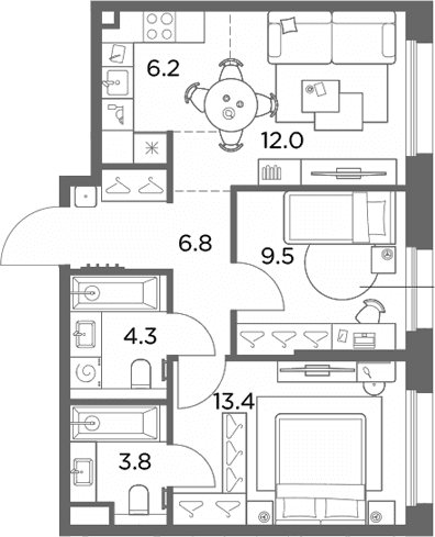 Планировка: Евротрёшка 56 м² в ЖК «Станиславский»
