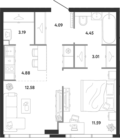 Планировка: 1-комнатная квартира 43,8 м² в ЖК «Ридж»