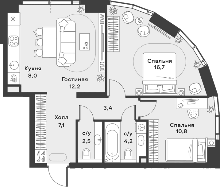 Планировка: Евротрёшка 64,9 м² в ЖК «АЛИА»