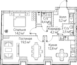 Планировка: 2-комнатная квартира 62,6 м² в ЖК «СЕЗАР БУДУЩЕЕ»