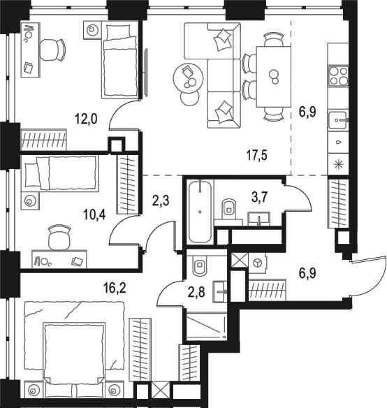 Планировка: Квартира евро-4 78,7 м² в ЖК «Левел Звенигородская»