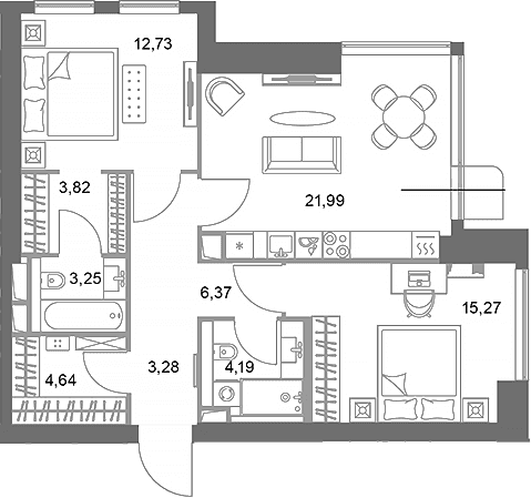 Планировка: 2-комнатная квартира 75,5 м² в ЖК «ФАЙВ ТАУЭРС»