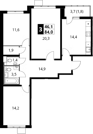 Планировка: 3-комнатная квартира 82,2 м² в ЖК «1-й Южный»